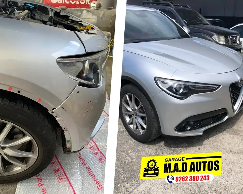 Alfa Romeo Stelvio avant et après remise en état de l&rsquo;aile et de l&rsquo;optique avant