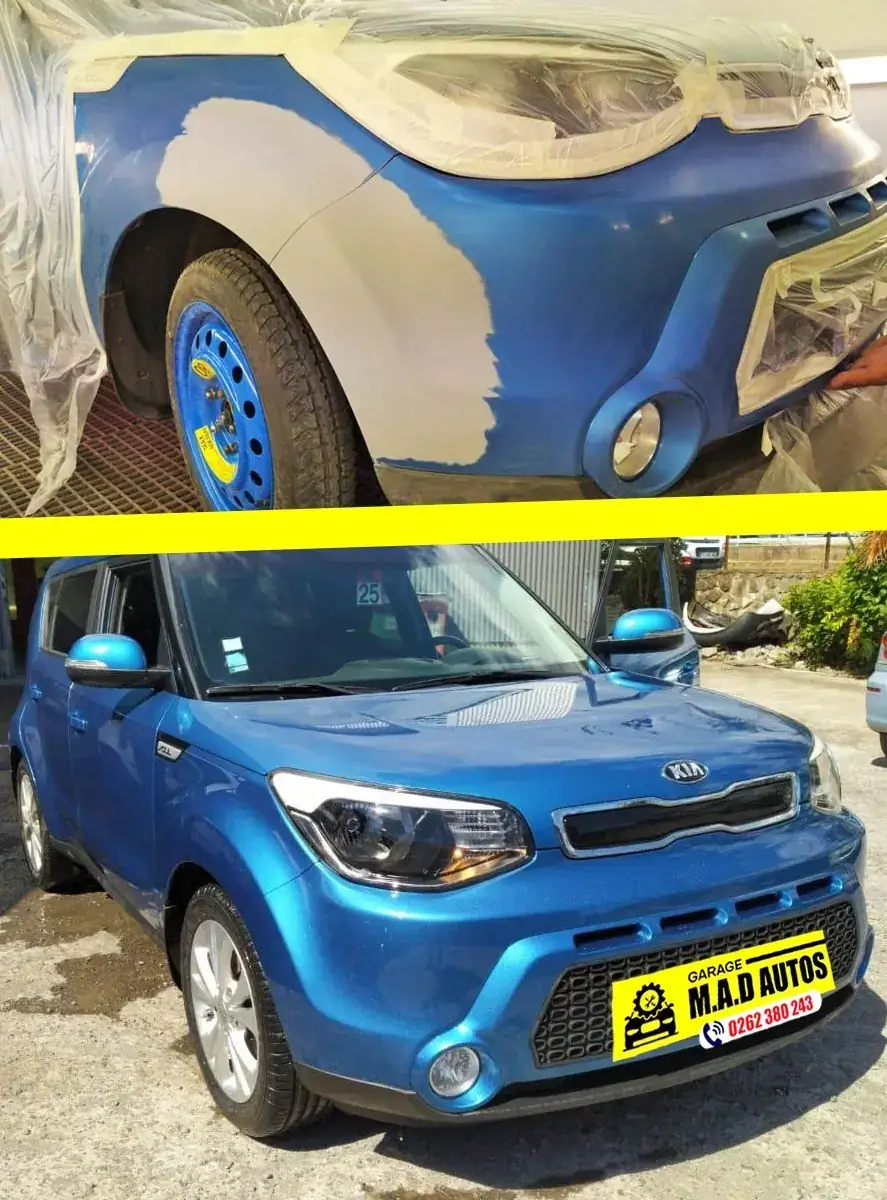 Kia Soul bleue après réparation de l&rsquo;aile avant